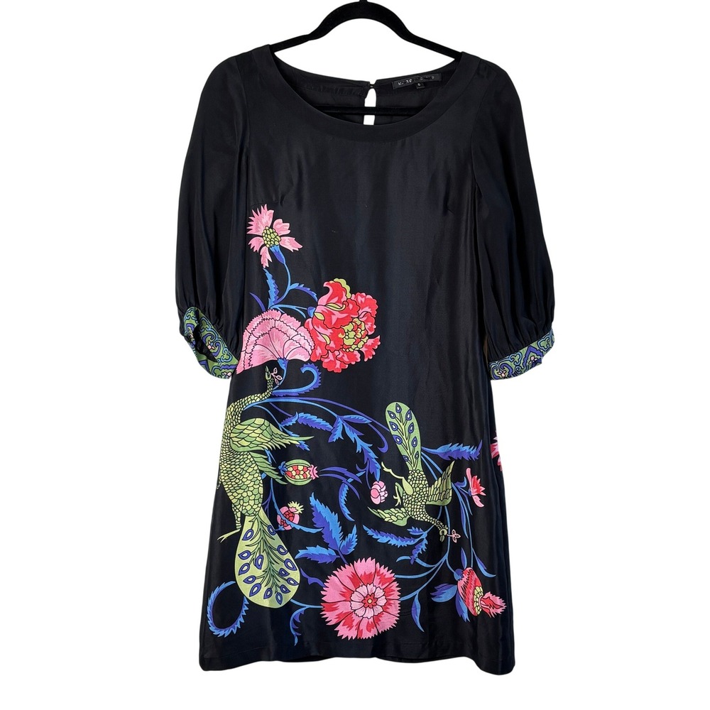 Marc Jacobs Silk Shift Dress Black Womens 6 Peacock Floral‎ Puff Sleeve Mini